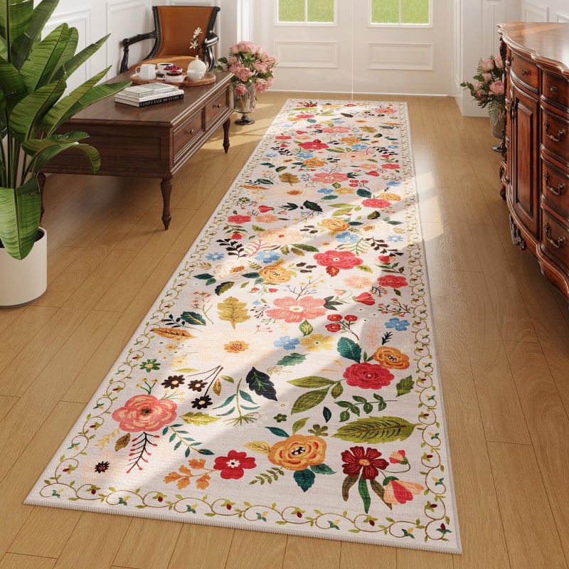 Rugcomf Runners for Hallways Kitchen Runner Rug Non Slip 2'x 10' Long Washable Rugs with Rubber Backing Soft Floral Carpet Runner for Hallways, Kitchen, Laundry, Bedroom, Bathroom(Beige) - Image 1