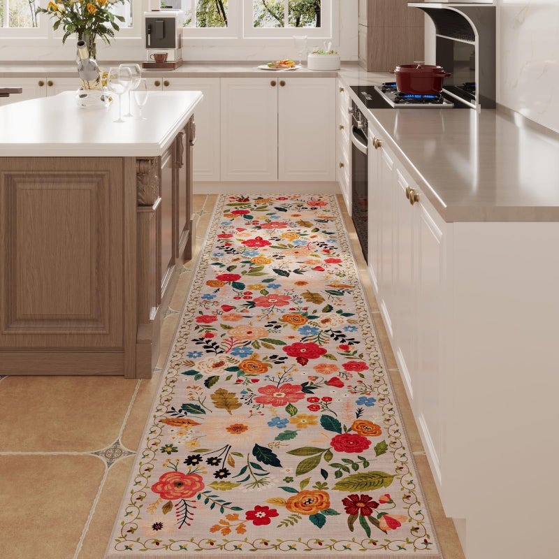 Rugcomf Runners for Hallways Kitchen Runner Rug Non Slip 2'x 10' Long Washable Rugs with Rubber Backing Soft Floral Carpet Runner for Hallways, Kitchen, Laundry, Bedroom, Bathroom(Beige) - Image 2