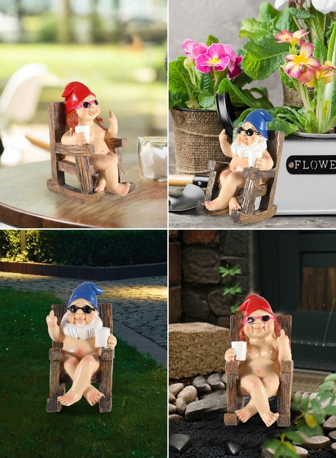 iStatue Funny Gnomes in Rocking Chair - 2 Pack Resin Middle Finger Decor Collectible Naked Gnome Figurines - Naughty Gifts for Garden, Home and Office - Image 2