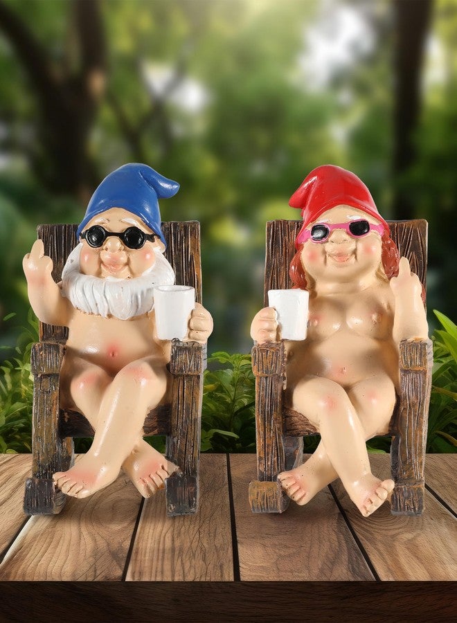 iStatue Funny Gnomes in Rocking Chair - 2 Pack Resin Middle Finger Decor Collectible Naked Gnome Figurines - Naughty Gifts for Garden, Home and Office - Image 1