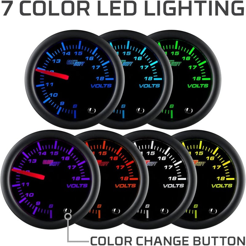 GLOWSHIFT Tinted 7 Color Volt Voltmeter Gauge - Voltage Range 8-18 Volts - Includes Wiring - Multi-Color Display - Black Dial - Smoked Lens - 2-1/16" 52mm - Image 4