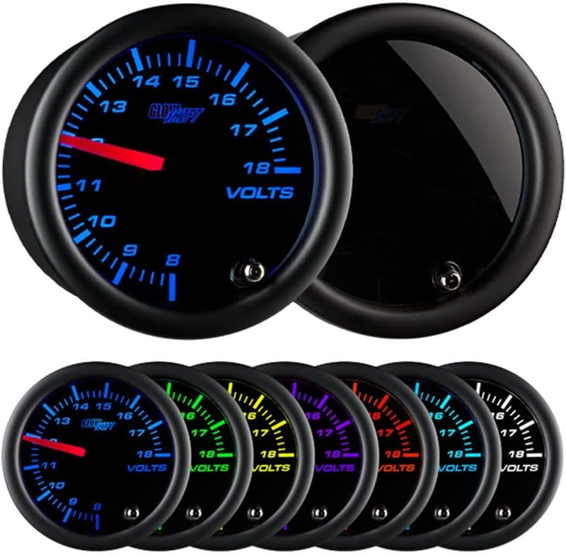 GLOWSHIFT Tinted 7 Color Volt Voltmeter Gauge - Voltage Range 8-18 Volts - Includes Wiring - Multi-Color Display - Black Dial - Smoked Lens - 2-1/16" 52mm - Image 1