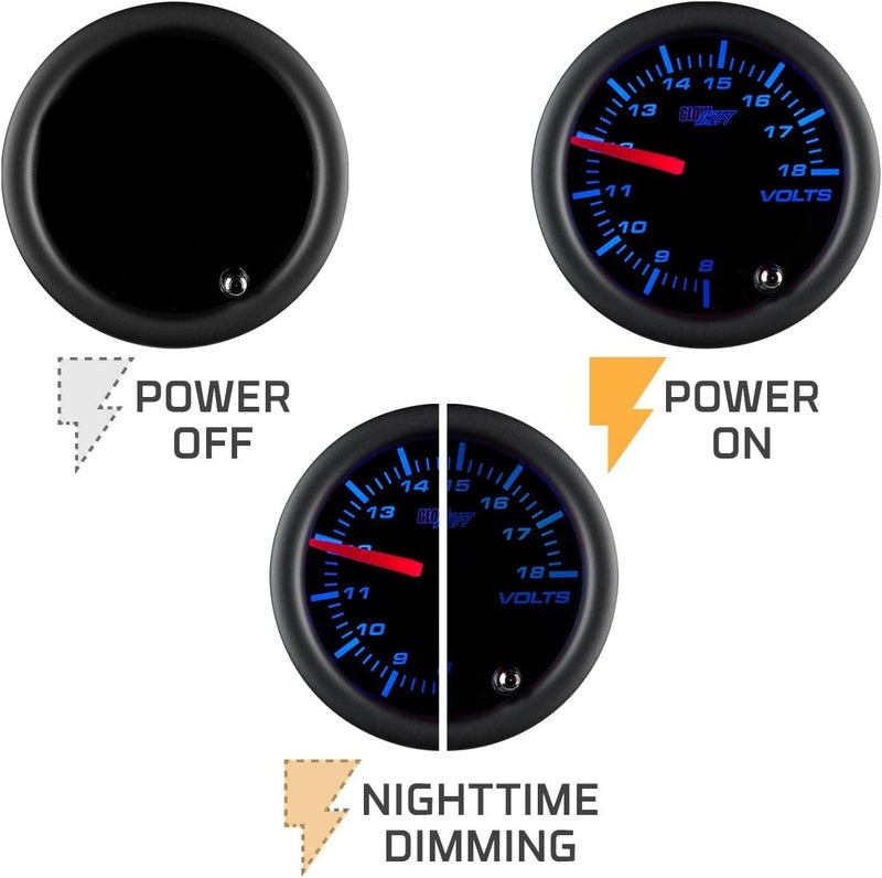 GLOWSHIFT Tinted 7 Color Volt Voltmeter Gauge - Voltage Range 8-18 Volts - Includes Wiring - Multi-Color Display - Black Dial - Smoked Lens - 2-1/16" 52mm - Image 5