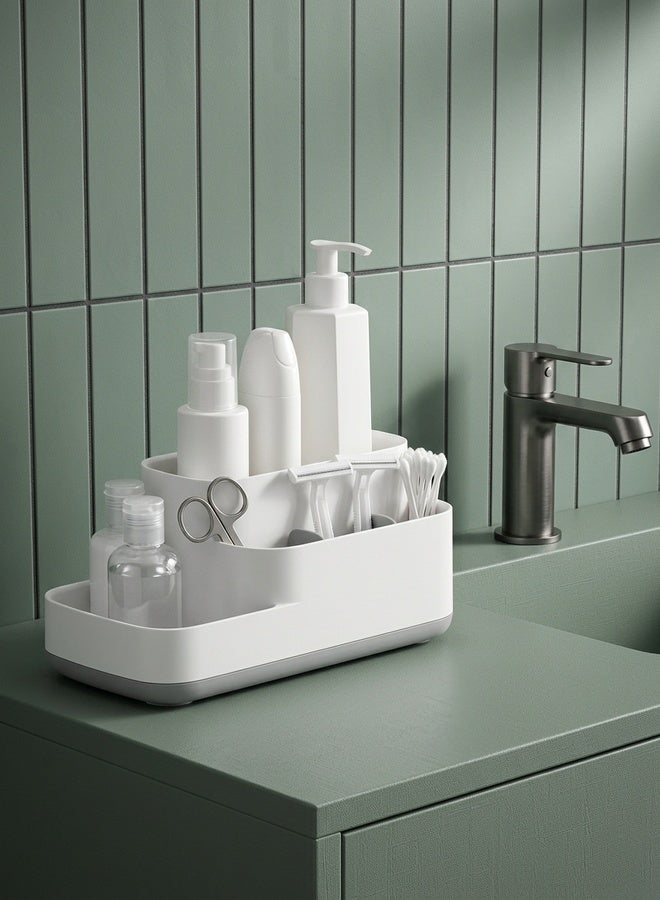 بيوينتي محفظة فرشاة الأسنان في الحمام، حامل تخزين أدوات المطبخ، 5 مقصورات تخزين متعددة الوظائف للحاجيات الصحية، علبة أدوات المكتب، معجون الأسنان، فرشاة الأسنان، أدوات المائدة (بالرمادي) - Image 3