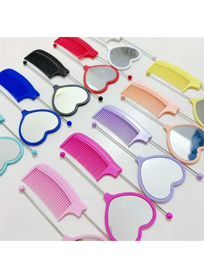 6 Colorful Beads Heart Mirror Comb Set Portable Makeup Vanity Acrylic Handheld - Image 5