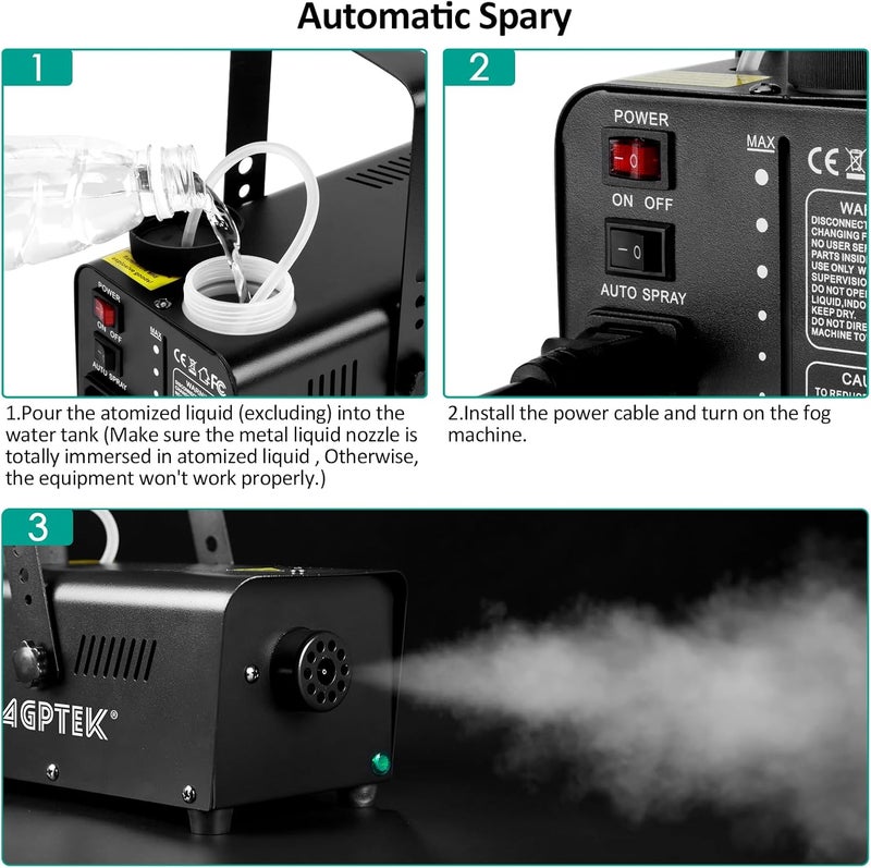 AGPtek Fog Machine, 500W Smoke Machine with Wireless Remote & Automatic Spray Function, Great for Halloween, Christmas, Wedding, Parties, DJ Performance & Stage Show - Image 2
