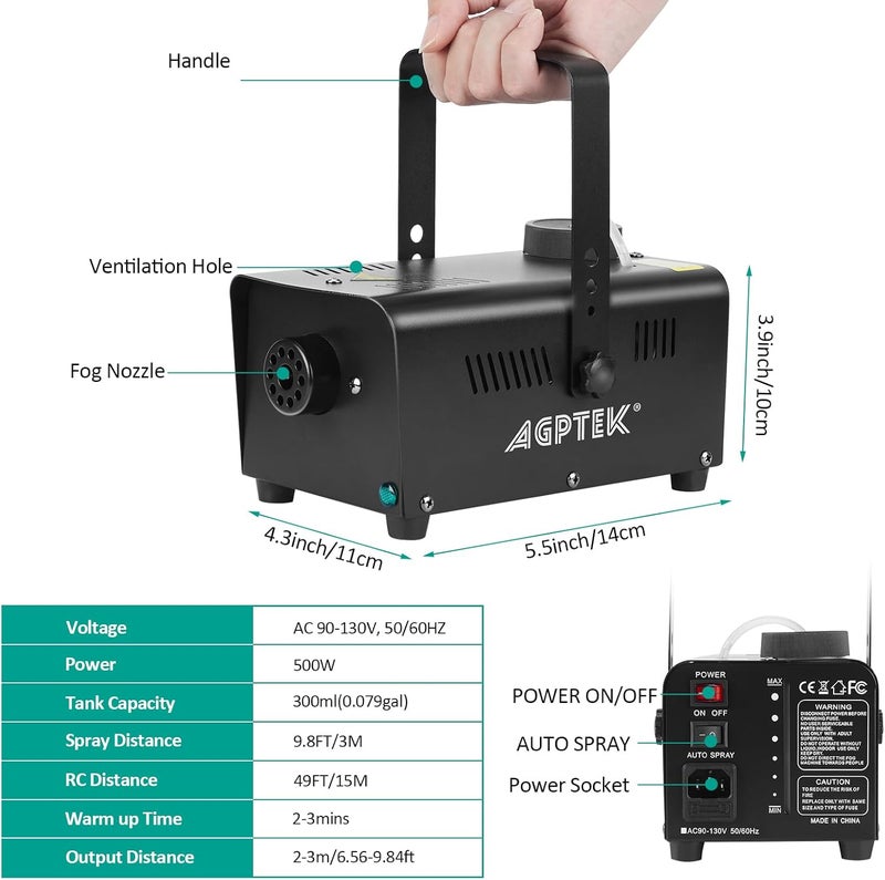 AGPtek Fog Machine, 500W Smoke Machine with Wireless Remote & Automatic Spray Function, Great for Halloween, Christmas, Wedding, Parties, DJ Performance & Stage Show - Image 4