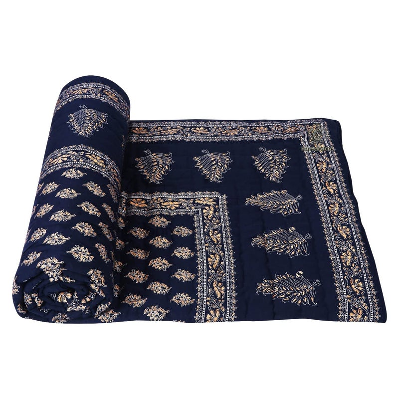 Lilfly Traditional Multicolour Light Weight Pure Cotton Single Bed Soft Jaipuri AC Quilt/Razai with Gold Block Print Quilts Blankets for Home (Size 55X85 inch) Floral Blue - Image 1