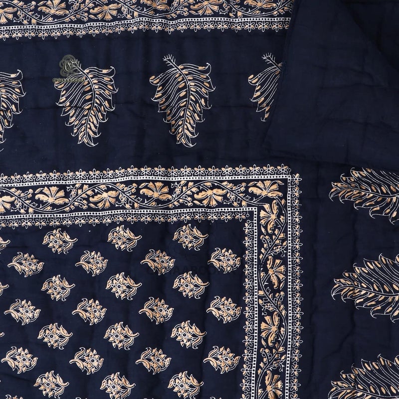 Lilfly Traditional Multicolour Light Weight Pure Cotton Single Bed Soft Jaipuri AC Quilt/Razai with Gold Block Print Quilts Blankets for Home (Size 55X85 inch) Floral Blue - Image 3