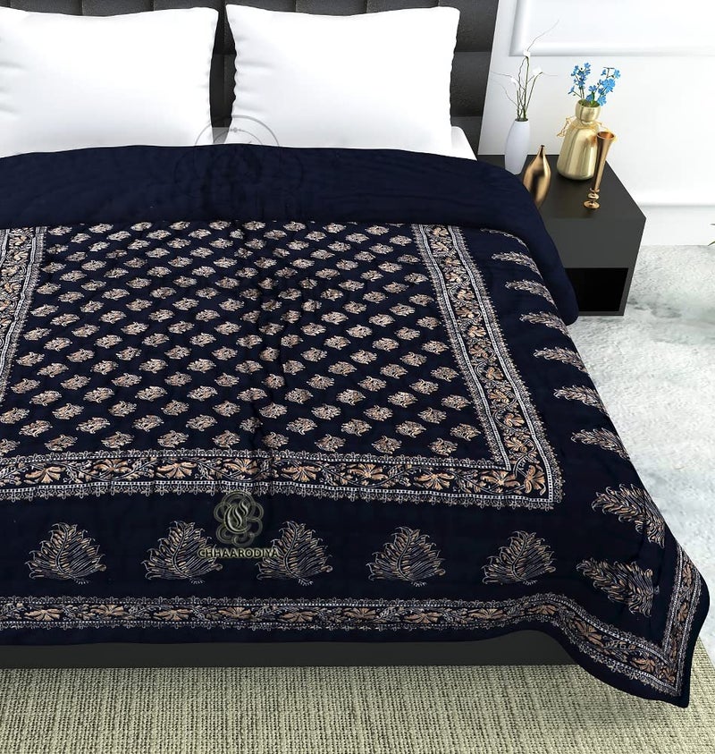 Lilfly Traditional Multicolour Light Weight Pure Cotton Single Bed Soft Jaipuri AC Quilt/Razai with Gold Block Print Quilts Blankets for Home (Size 55X85 inch) Floral Blue - Image 2
