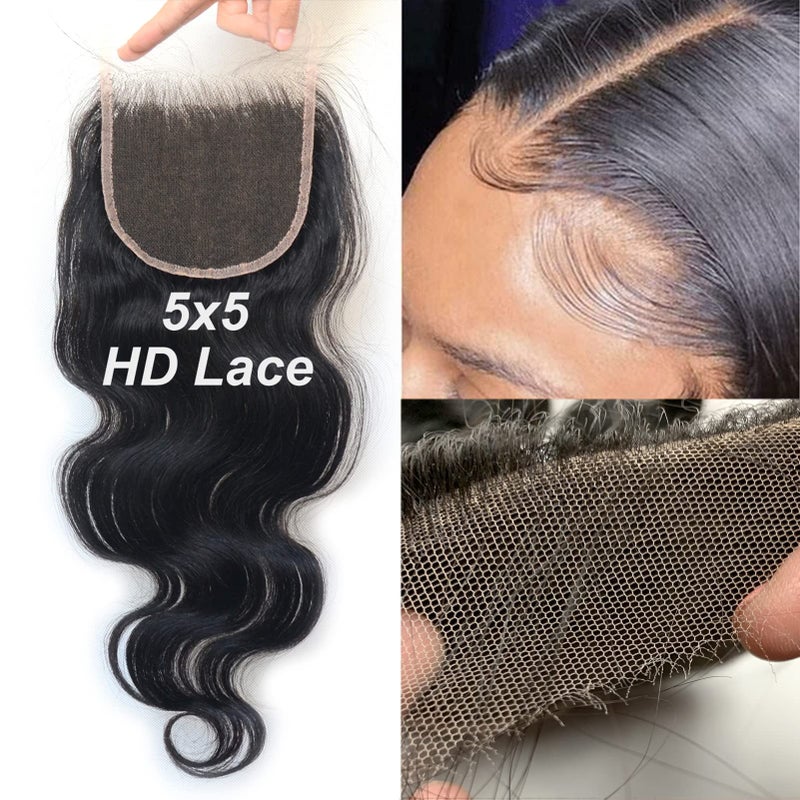 Luwigs 5x5 HD Lace Closure Human Virgin Hair Body Wave Pre Plucked Swiss Lace 5x5 Closure with Baby Hair Bleached Knots Natural Color Free Part