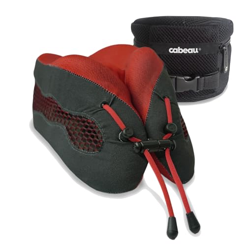 Cabeau Long Haul Flight Cooling Travel Neck Pillow – Evolution Cool – Supportive Memory Foam with Airflow Vents – Compact with Carrying Case (Red) - Image 1