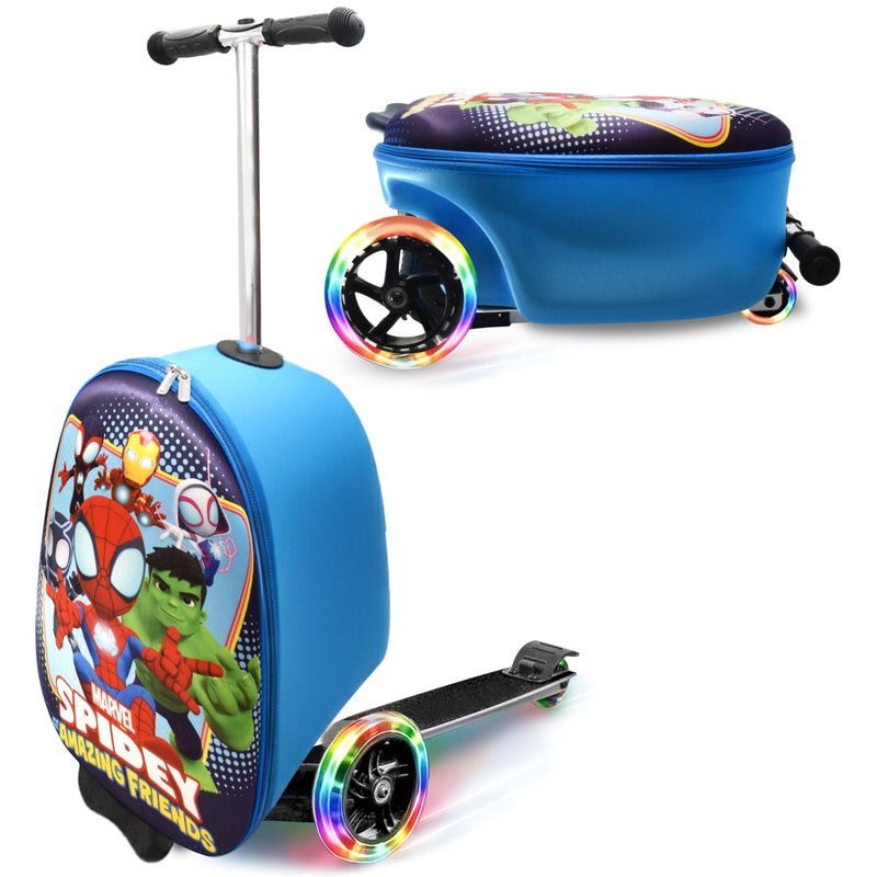 Marvel Spiderman Ride On Scooter Suitcase for Kids, Spidey and Friends Kids Suitcase Luggage with Light Up Wheels, Easy Steer and Foldable Kick Scooter for Toddler Boys Girls Great Travel Gift Idea - Image 1