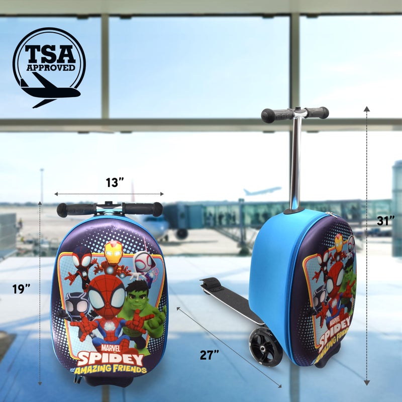 Marvel Spiderman Ride On Scooter Suitcase for Kids, Spidey and Friends Kids Suitcase Luggage with Light Up Wheels, Easy Steer and Foldable Kick Scooter for Toddler Boys Girls Great Travel Gift Idea - Image 4