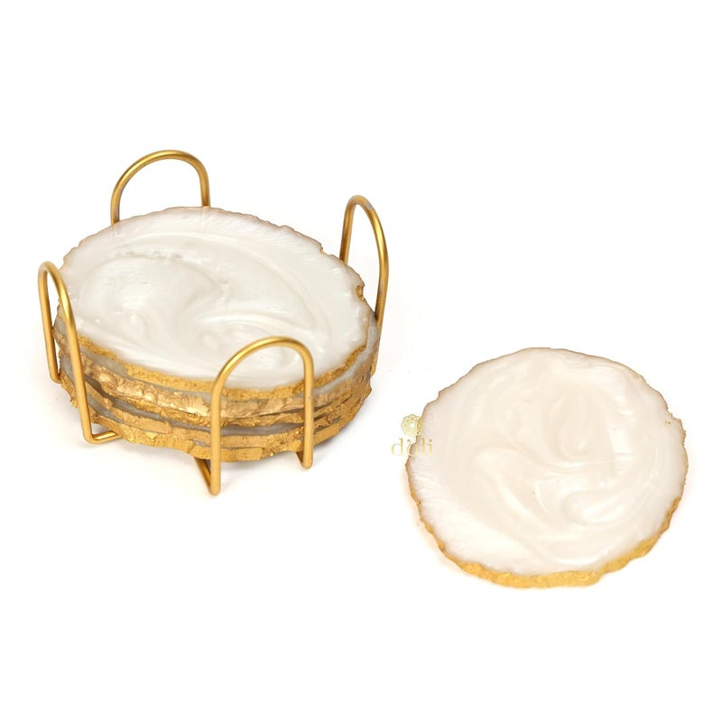 DULI Resin Coasters Set of 6 with Stand - Bar Wine Coasters for Table - Set of 6 Classy Yet Stylist Handmade Marble Stone Coaster Set with Holder (ResinCoasterW/G-Stand: Cream) - Image 3