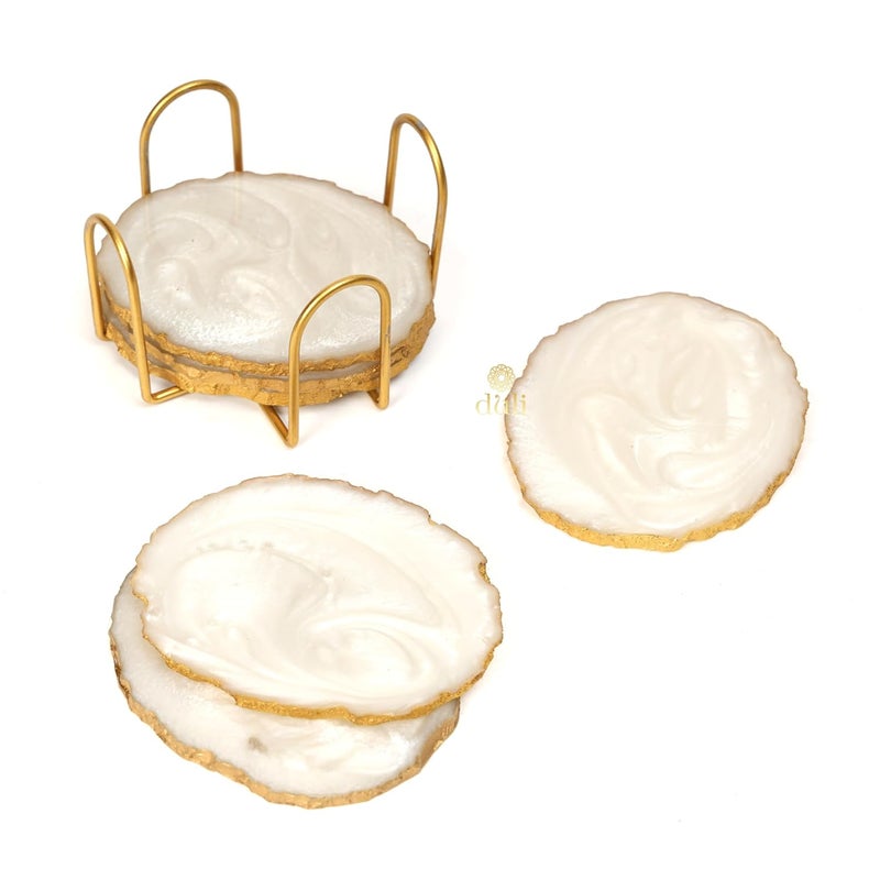 DULI Resin Coasters Set of 6 with Stand - Bar Wine Coasters for Table - Set of 6 Classy Yet Stylist Handmade Marble Stone Coaster Set with Holder (ResinCoasterW/G-Stand: Cream) - Image 4