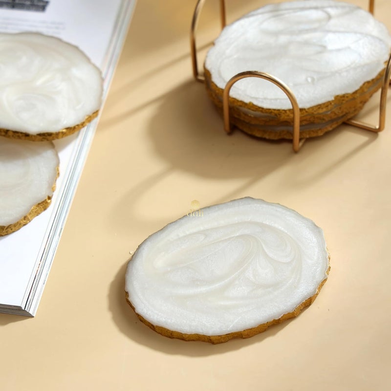 DULI Resin Coasters Set of 6 with Stand - Bar Wine Coasters for Table - Set of 6 Classy Yet Stylist Handmade Marble Stone Coaster Set with Holder (ResinCoasterW/G-Stand: Cream) - Image 2