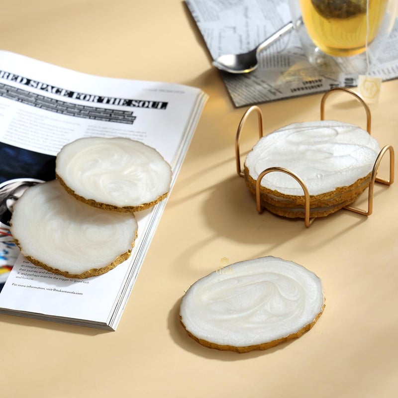 DULI Resin Coasters Set of 6 with Stand - Bar Wine Coasters for Table - Set of 6 Classy Yet Stylist Handmade Marble Stone Coaster Set with Holder (ResinCoasterW/G-Stand: Cream) - Image 1