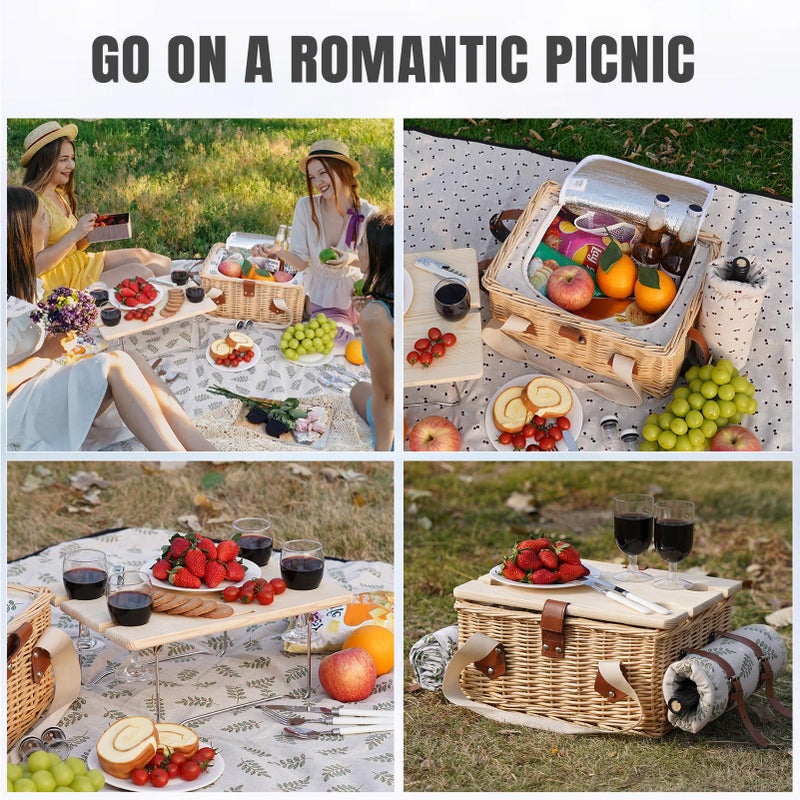 HappyPicnic سلة نزهة HappyPicnic لـ 4 أشخاص، مجموعة نزهة يدوية من الخوص مع طاولة قابلة للطي وبطانية مقاومة للماء، سلة نزهة معزولة كبيرة مع حقيبة للنبيذ ومجموعة أدوات المائدة للنزهة، التخييم، والعطلات (Leaf) - Image 3
