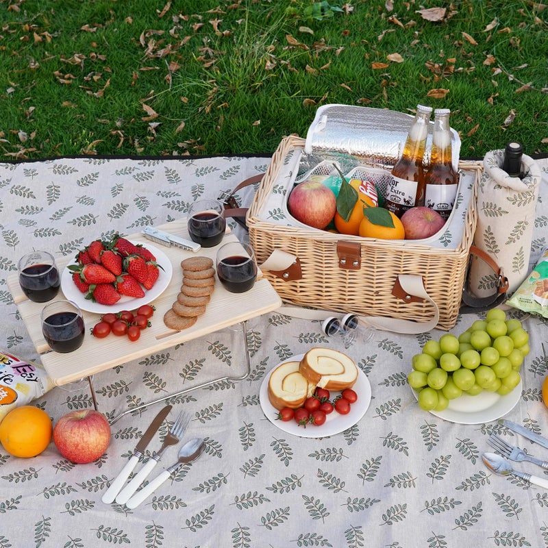HappyPicnic سلة نزهة HappyPicnic لـ 4 أشخاص، مجموعة نزهة يدوية من الخوص مع طاولة قابلة للطي وبطانية مقاومة للماء، سلة نزهة معزولة كبيرة مع حقيبة للنبيذ ومجموعة أدوات المائدة للنزهة، التخييم، والعطلات (Leaf) - Image 4