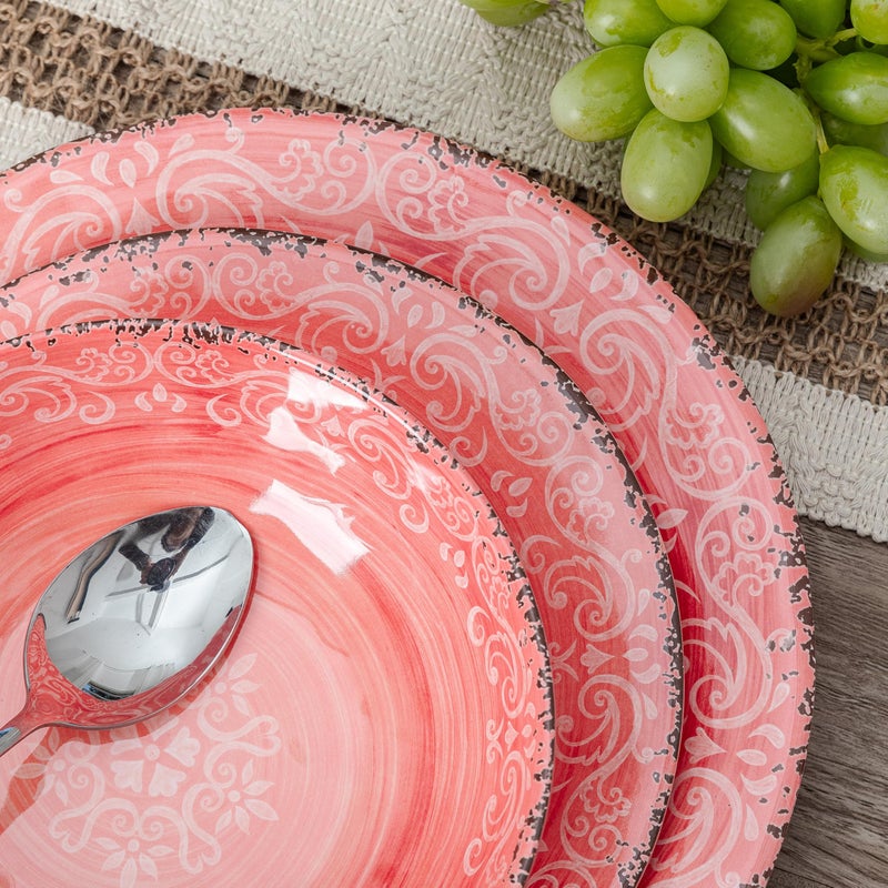 ZAROCRUS 12-Piece Farmhouse Melamine Dinnerware Set, Elegant Unbreakable plates and bowls sets, BPA Free Dinner Dishes serving Set, Service for 4, Perfect for Indoor/Outdoor Dining, Peach pink Red - Image 2
