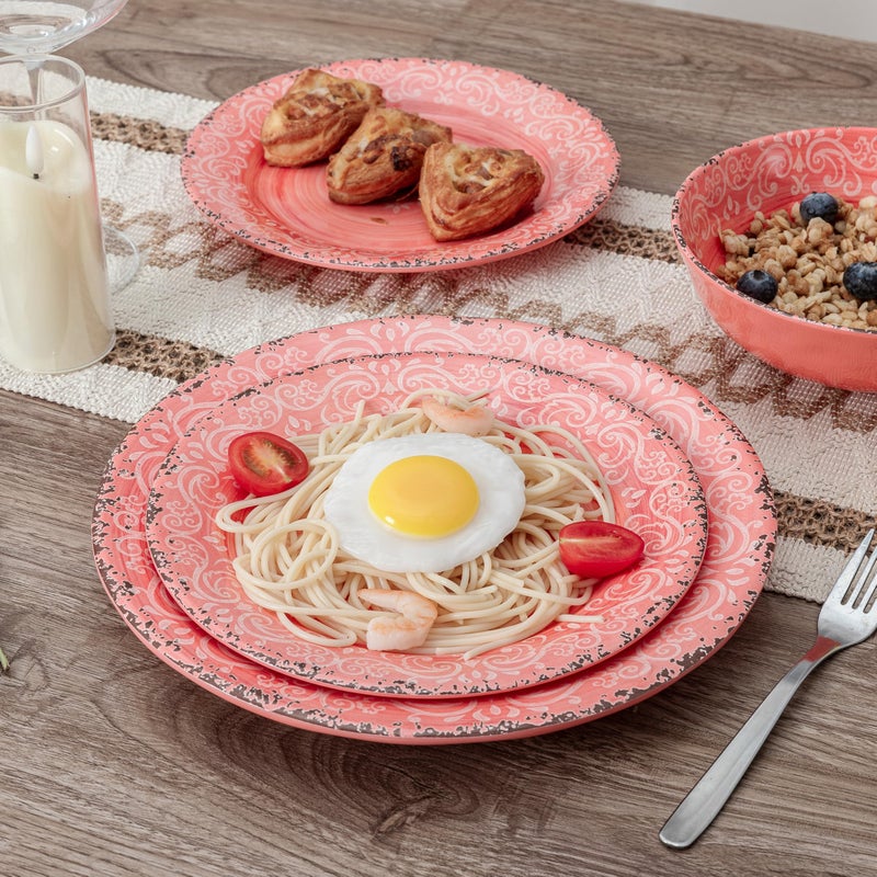 ZAROCRUS 12-Piece Farmhouse Melamine Dinnerware Set, Elegant Unbreakable plates and bowls sets, BPA Free Dinner Dishes serving Set, Service for 4, Perfect for Indoor/Outdoor Dining, Peach pink Red - Image 4