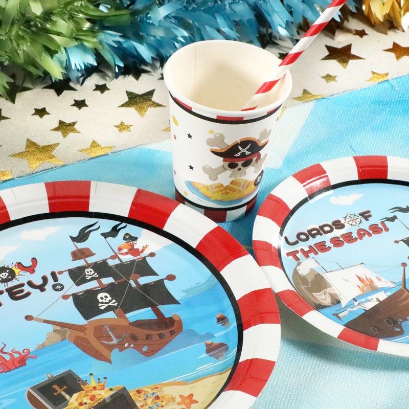 Recheel Pirate Birthday Party Supplies Decorations, Pirate Treasure Theme Paper Plates and Napkins Set with Cups and Straws for 24 Guests, 120 Pcs Disposable Party Dessert Dinnerwares - Image 4