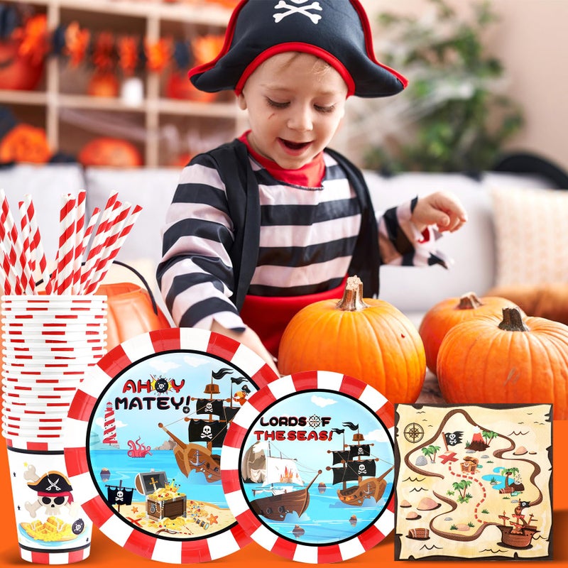 Recheel Pirate Birthday Party Supplies Decorations, Pirate Treasure Theme Paper Plates and Napkins Set with Cups and Straws for 24 Guests, 120 Pcs Disposable Party Dessert Dinnerwares - Image 5