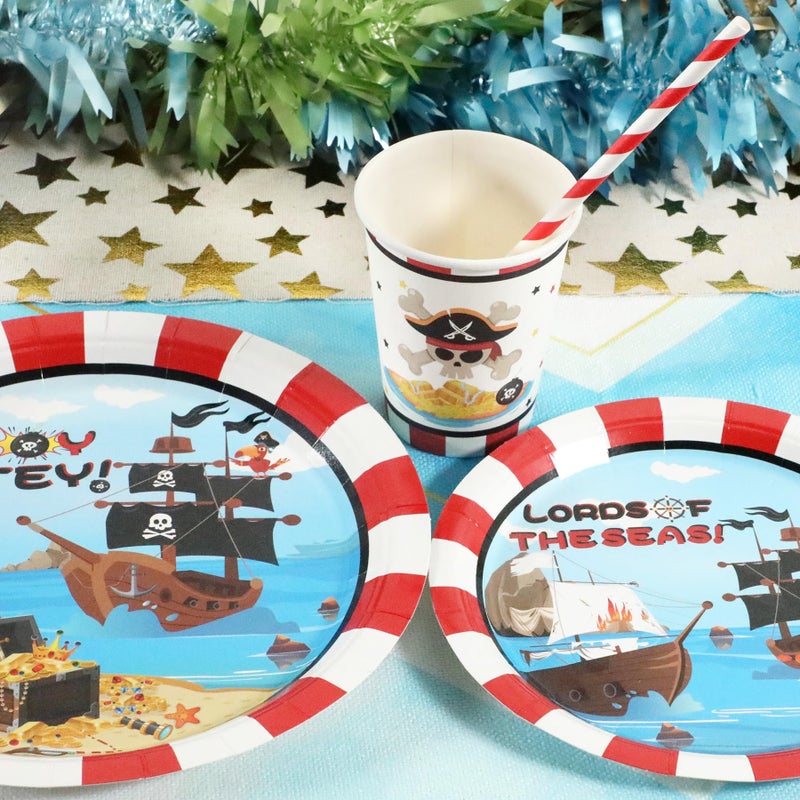 Recheel Pirate Birthday Party Supplies Decorations, Pirate Treasure Theme Paper Plates and Napkins Set with Cups and Straws for 24 Guests, 120 Pcs Disposable Party Dessert Dinnerwares - Image 3