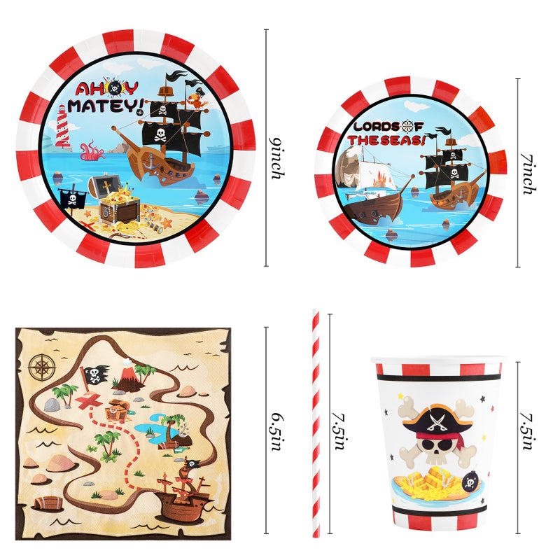 Recheel Pirate Birthday Party Supplies Decorations, Pirate Treasure Theme Paper Plates and Napkins Set with Cups and Straws for 24 Guests, 120 Pcs Disposable Party Dessert Dinnerwares - Image 2