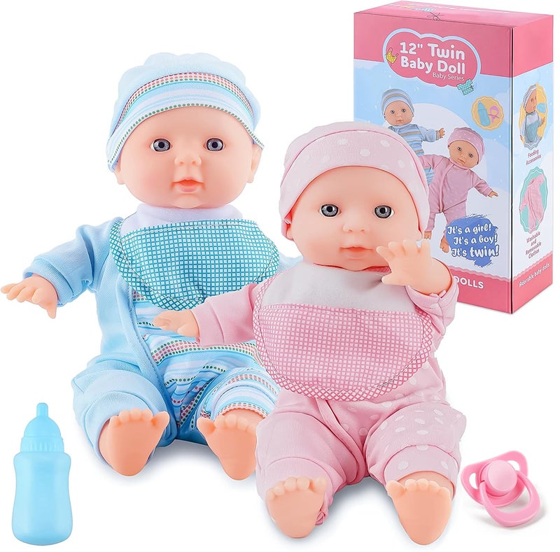 SMILESSKIDDO Twin Baby Dolls 12 inch Two Soft Body Doll with Rompers Hat and Pacifier Doll Bibs Dolls Play Set for 2 3 4 5 Year Old Boys and Girls Gift - Image 3