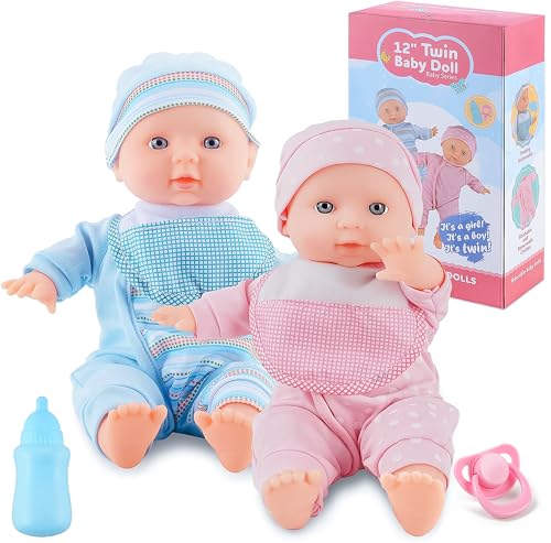 SMILESSKIDDO Twin Baby Dolls 12 inch Two Soft Body Doll with Rompers Hat and Pacifier Doll Bibs Dolls Play Set for 2 3 4 5 Year Old Boys and Girls Gift - Image 1