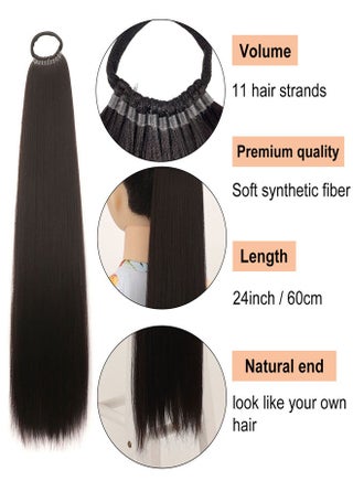 60cm Long Ponytail Extension, Warp Around Pony Tail with Elastic Band, Synthetic Straight Braiding Hair Ponytail DIY Braided for Women Girls  Hairpieces  Natural Black - view 3