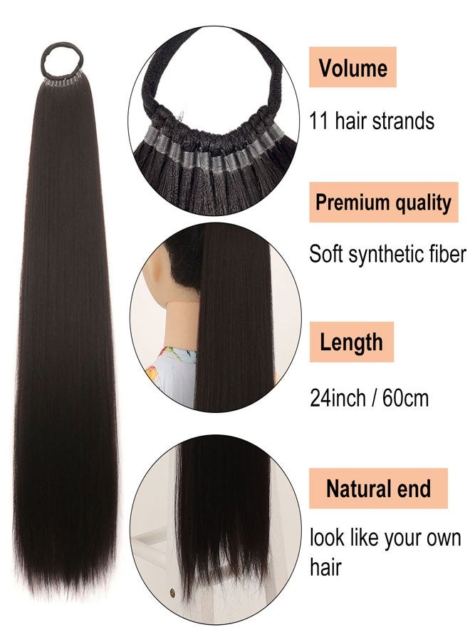 HAWAWA 60cm Long Ponytail Extension, Warp Around Pony Tail with Elastic Band, Synthetic Straight Braiding Hair Ponytail DIY Braided for Women Girls  Hairpieces  Natural Black - Image 3