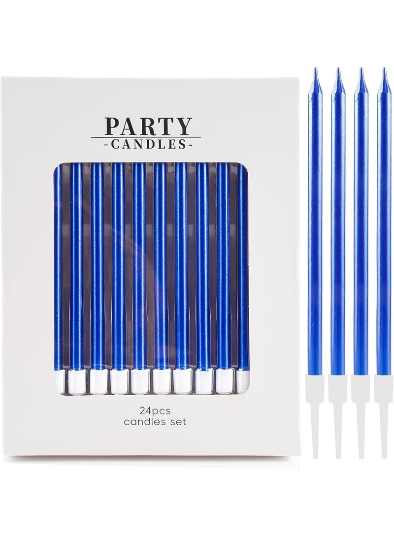 24pcs Dark Blue Birthday Candles for Cakes,10cm Tall Metallic Skinny Birthday Candles Long Cake Candles Thin Cupcake Candles with Holders for Birthday Cake Baby Shower Cake Wedding Party Decor - Image 1