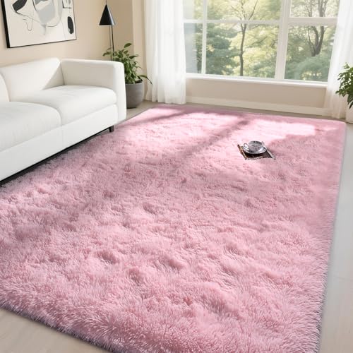 DweIke Fluffy Blush Pink Rugs for Bedroom Living Room, 3x5 Feet Soft Plush Shaggy Rose Coral Pinkish Girls Kids Rug, Non-Slip and Machine Washable Carpet for Dorm Nursery Classroom Decor - Image 1