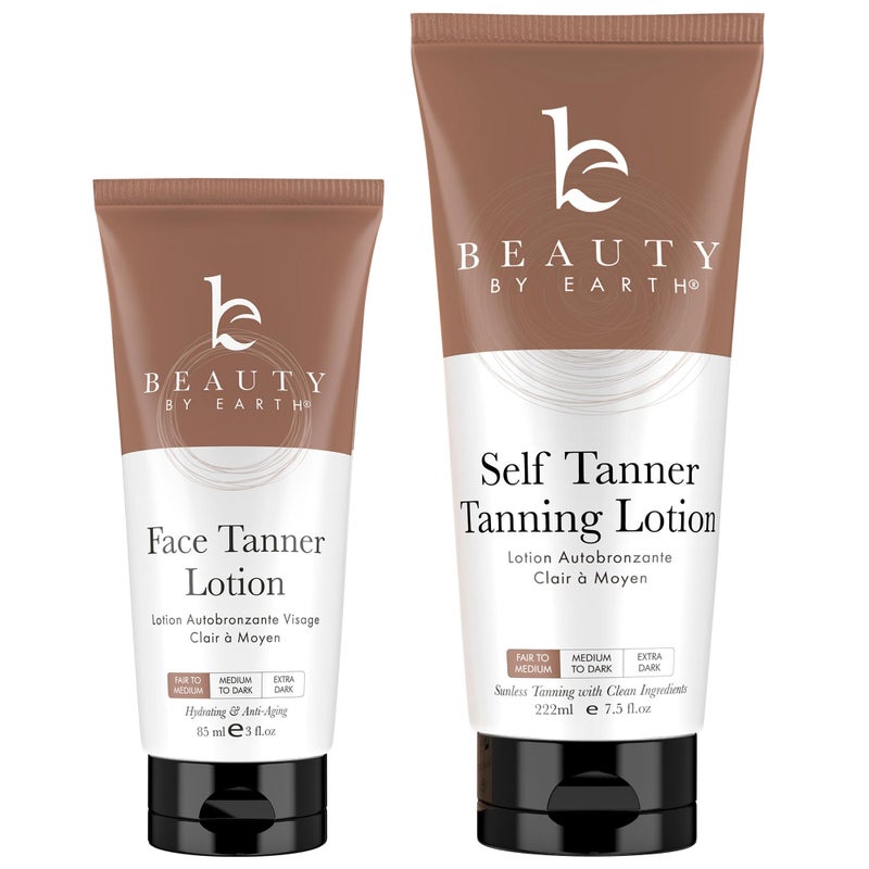 Beauty by Earth Self Tanner Face  Body  With Organic Aloe Vera  Shea Butter Sunless Tanning Lotion Bronzer Buildable Fair to Medium Tan Fake Tan Self Tanners Best Sellers 75oz body 3oz face