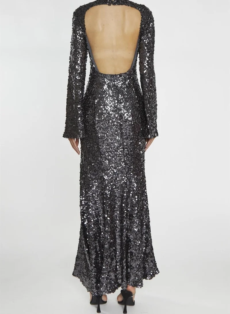 True Decadence Vanessa Dark Pewter Sequin Open Back Maxi Dress