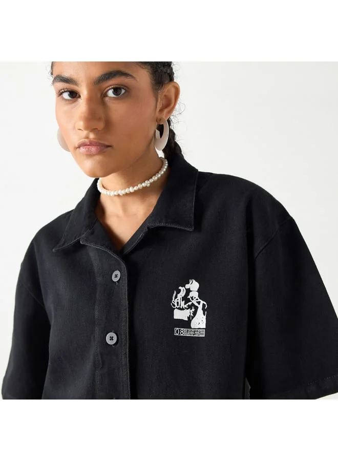 Lee Cooper Lee Cooper Printed Crop Denim Shirt with Short Sleeves