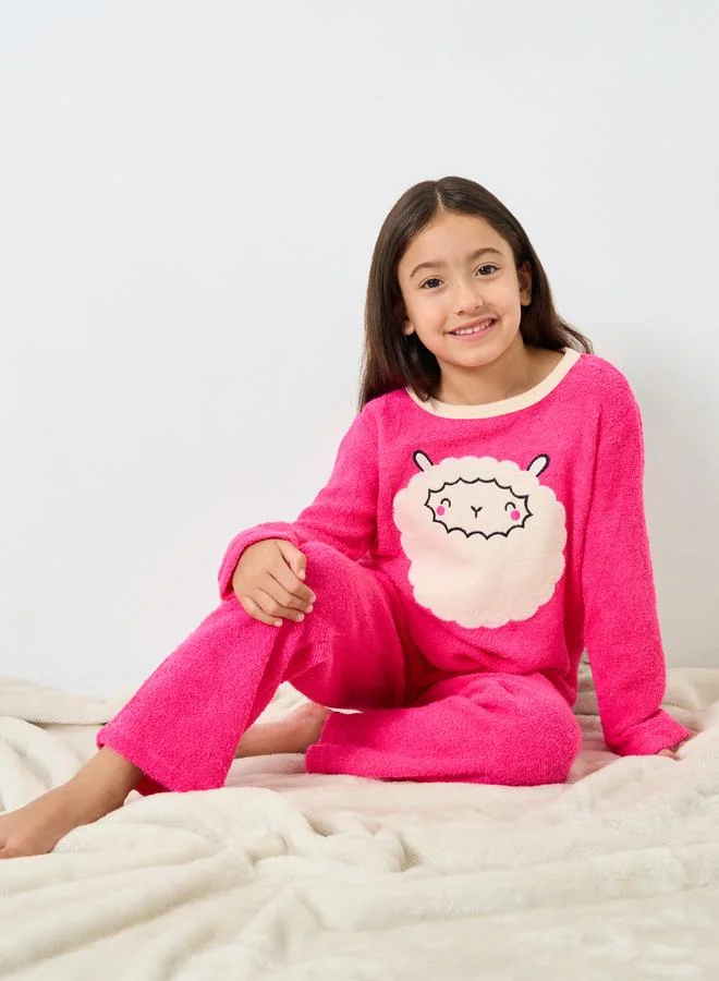 Styli Styli Girls Sheep Applique Fleece Top and Pyjama Set