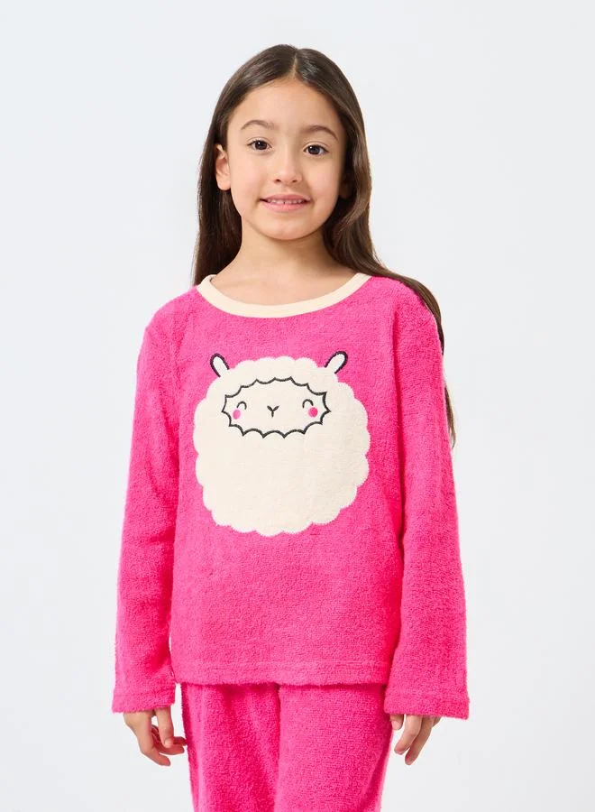 Styli Styli Girls Sheep Applique Fleece Top and Pyjama Set