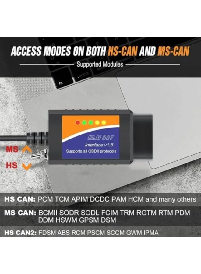 [Upgraded] ELM327 OBD2 Adapter ELM327 OBD2 to USB Cable Code Reader Scanner ELM 327 USB Cable Interface OBDII Connector OBDII Scan Automotive Diagnostic Tool for Laptop,with MS/HS CAN Switch (ELM327) - Image 3