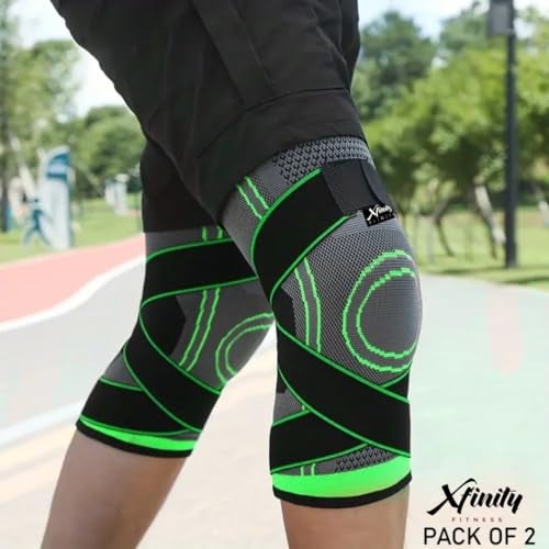 Xfinity Fitness Dual Strap Compression Knee Sleeve, Knee Brace for Men & Women, Running, Crossfit, Basketball, Pain Relief, ACL MCL Support, Adjustable Strap(PACK OF 2) (2, Green) - Image 2