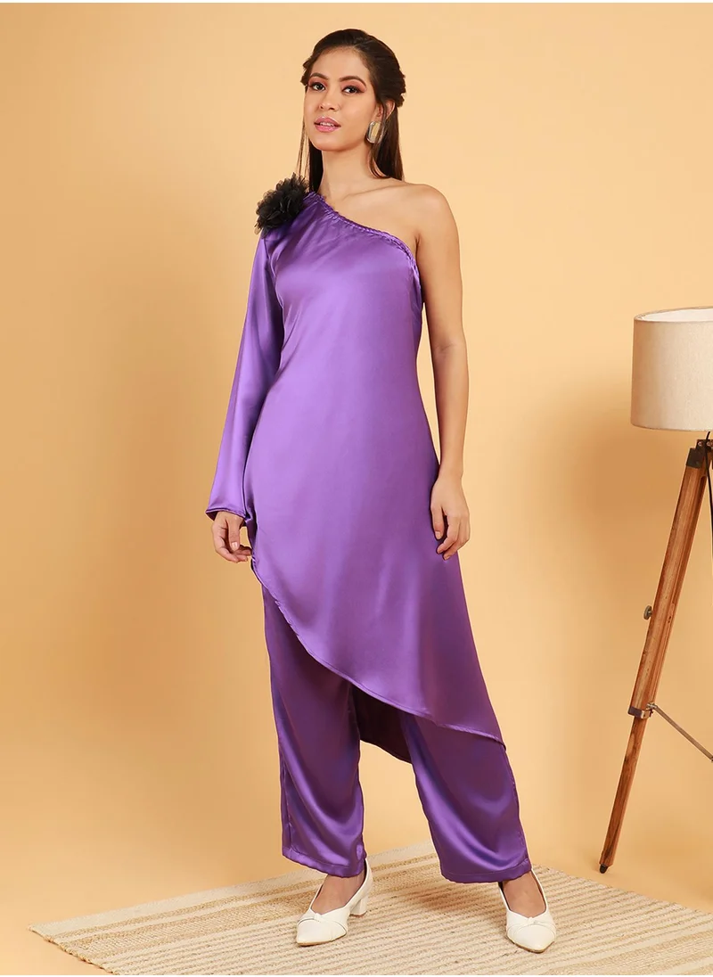QISSA Women's Amethyst Purple Asymmetrical Flora Co-Ord Set