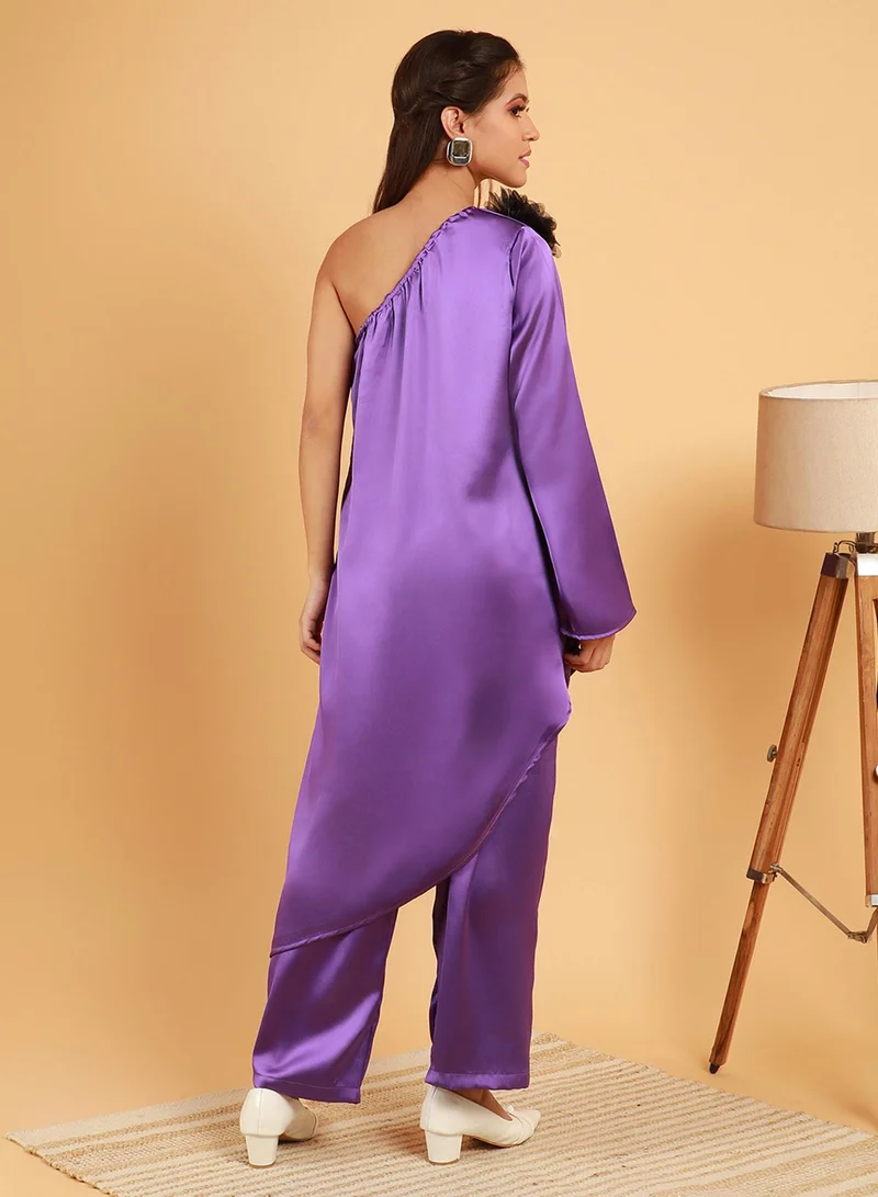 QISSA Women's Amethyst Purple Asymmetrical Flora Co-Ord Set