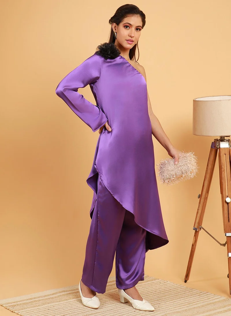 QISSA Women's Amethyst Purple Asymmetrical Flora Co-Ord Set