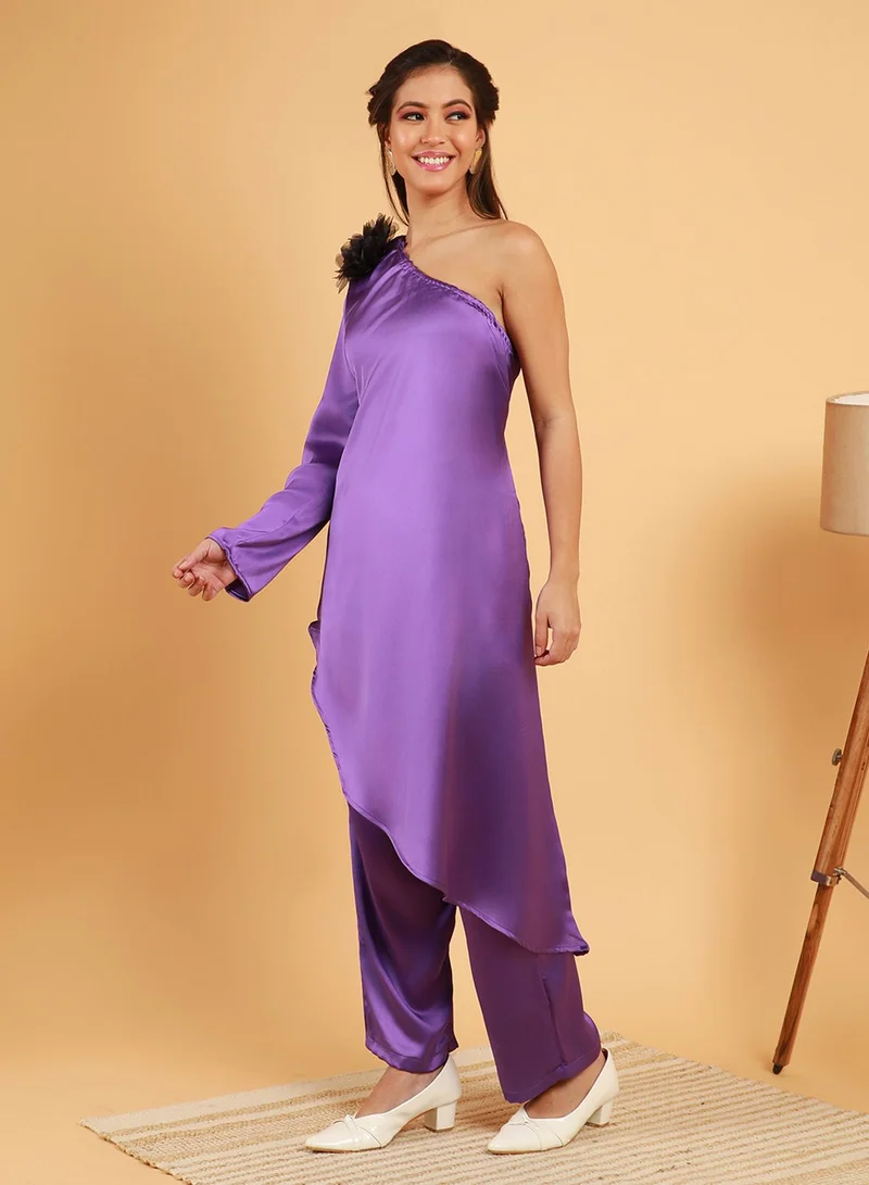 QISSA Women's Amethyst Purple Asymmetrical Flora Co-Ord Set