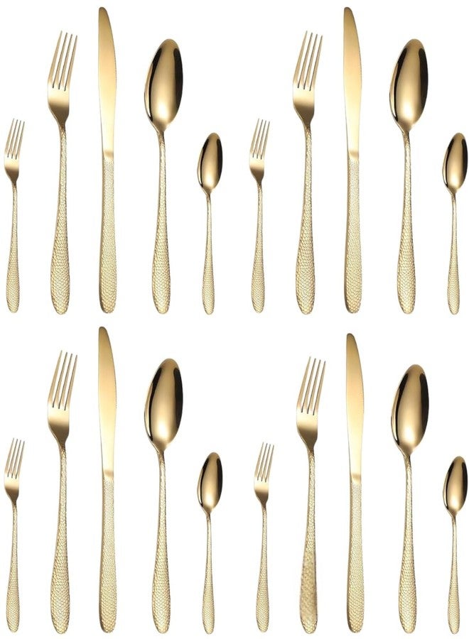 Eletree Stainless Steel Flatware Set | Hammered Handle Cutlery with Salad Forks Dinner Forks Tea Spoons Dinner Spoons and Knives | Dishwasher Safe Tableware for Home and Restaurant (20, Gold) - Image 1