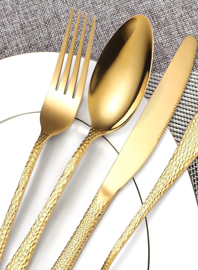 Eletree Stainless Steel Flatware Set | Hammered Handle Cutlery with Salad Forks Dinner Forks Tea Spoons Dinner Spoons and Knives | Dishwasher Safe Tableware for Home and Restaurant (20, Gold) - Image 3