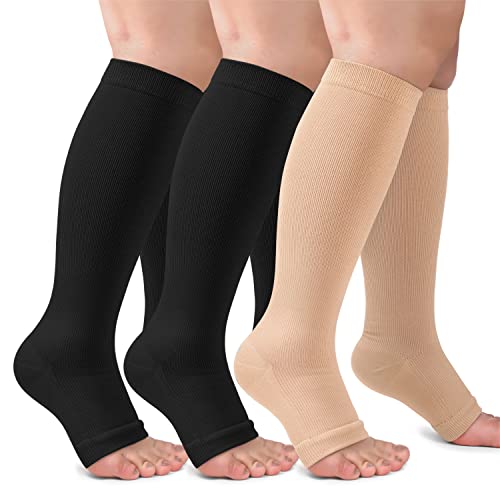 CTHH 3 Pack Open Toe Compression Socks for Women & Men, Toeless Knee High Stockings for Circulation Support, Black Nude Large-X-Large - Image 2